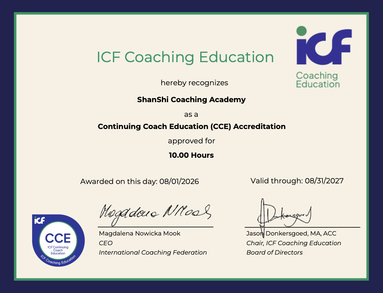 删拾教练(ShanShi Coaching Academy)获得 ICF 继续教练教育(CCE)认证的证书,批准 10.00 小时